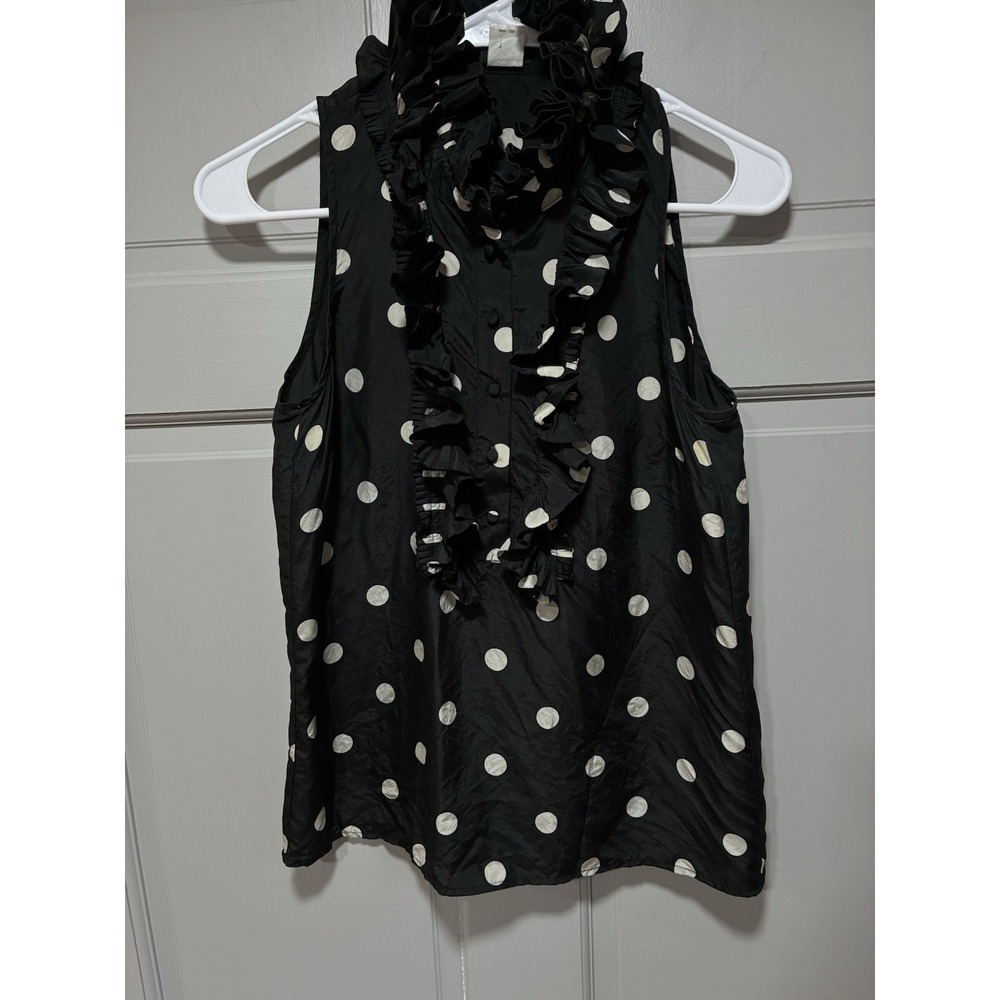 J.Crew Women Blouse‎ Size 0 100% Silk Polka Dot Sleeveless Ruffle Neck Preppy